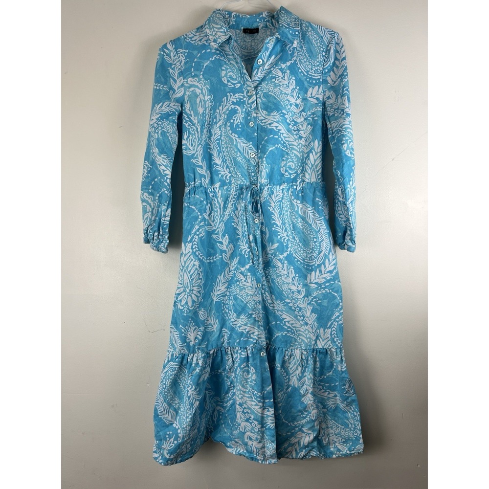 Talbots Brushed Paisley Linen Shirt Dress Blue White Size 4 Resort Coastal